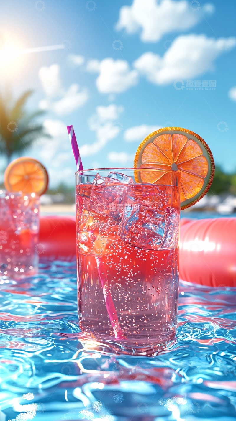 高清大图下载【趣麦麦图】夏日泳池旁的粉色鸡尾酒