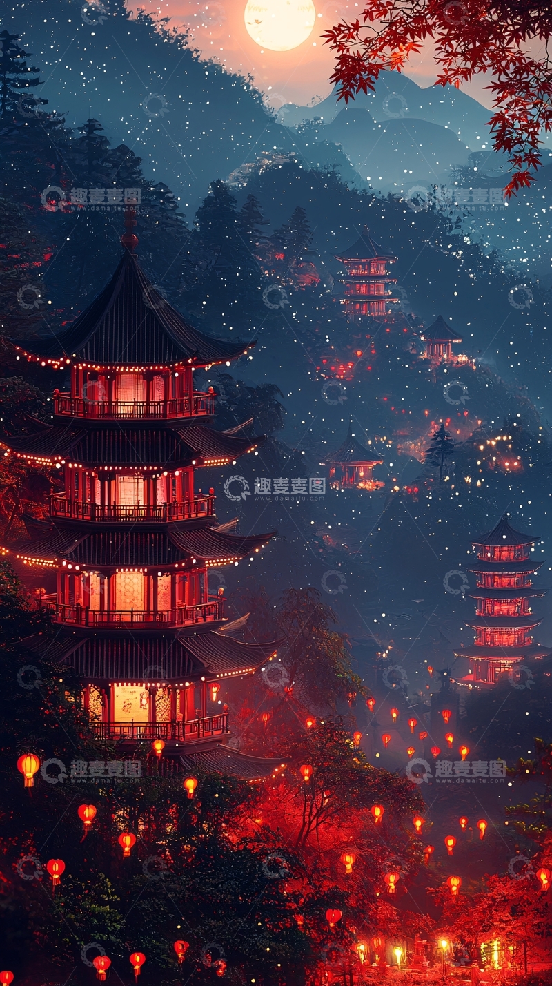 高清大图下载【趣麦麦图】月夜下的中国风古建筑