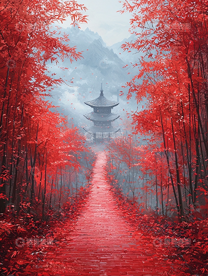 高清大图下载【趣麦麦图】红叶小路通往佛塔