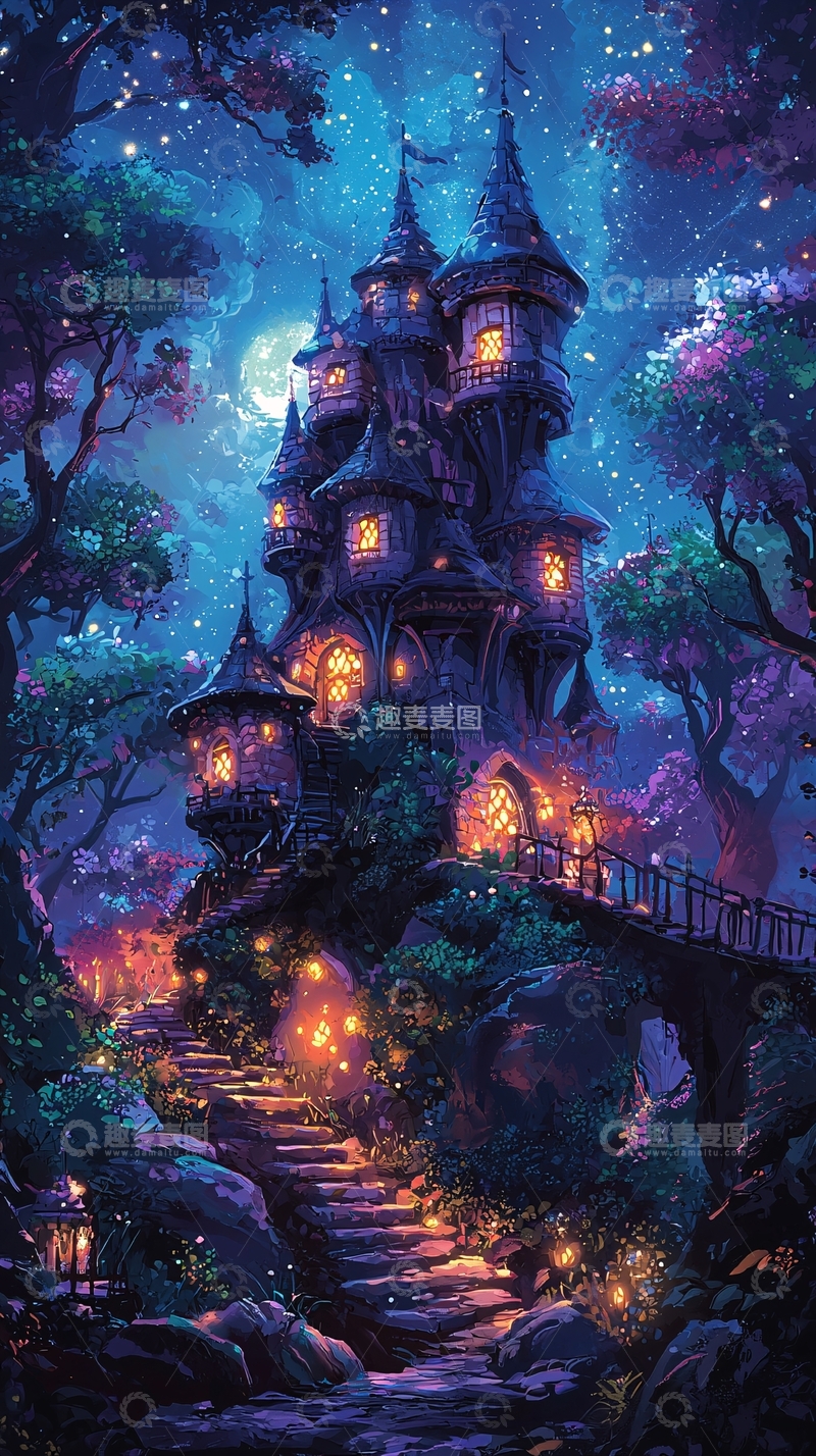 高清大图下载【趣麦麦图】梦幻森林城堡夜景
