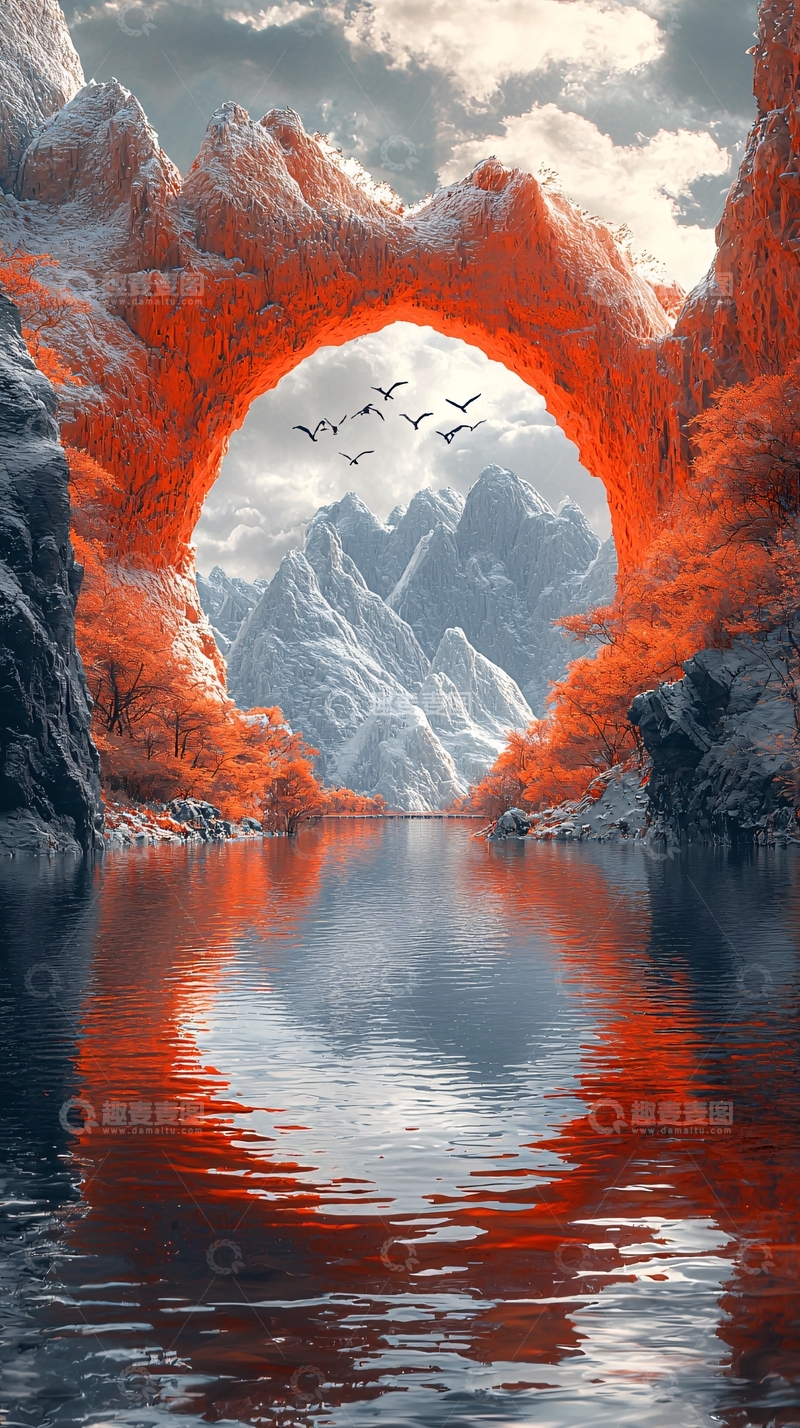 高清大图下载【趣麦麦图】红石拱门下的宁静湖泊