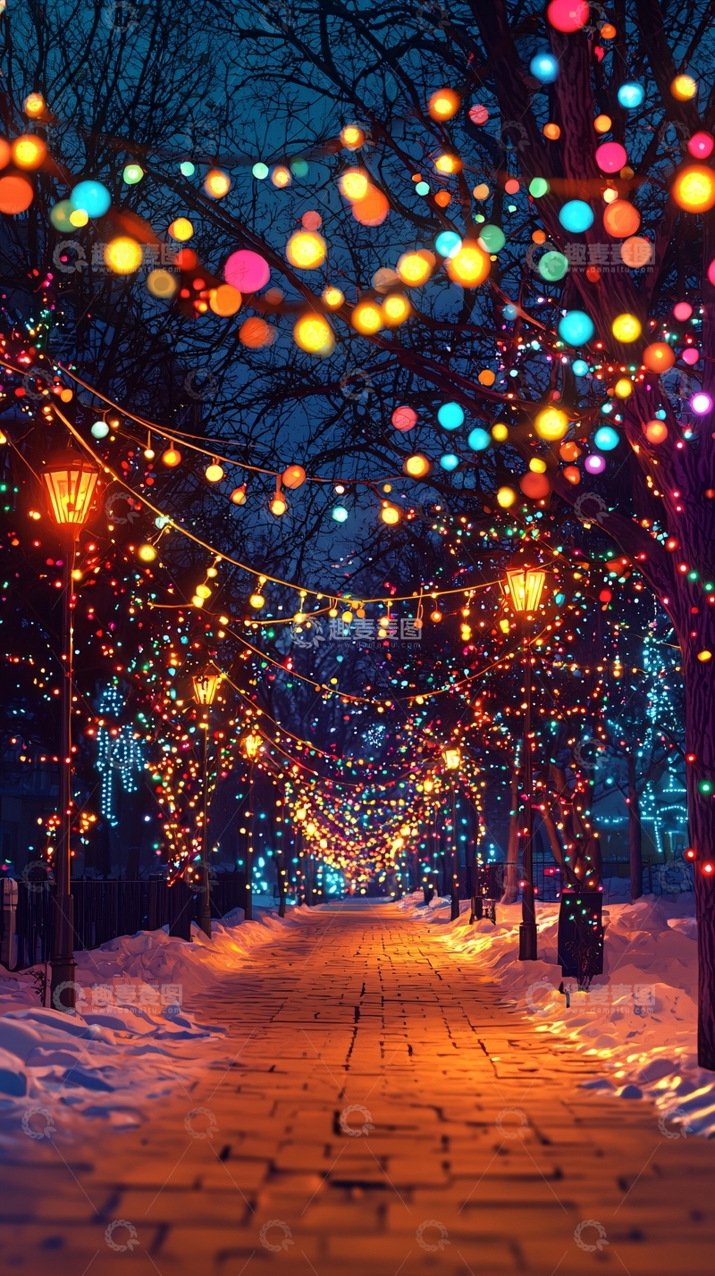 高清大图下载【趣麦麦图】冬夜雪景彩灯街道