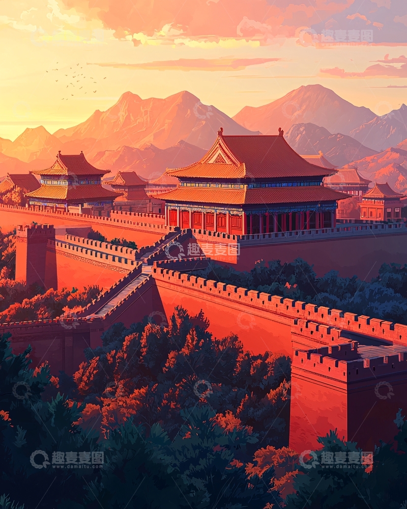 高清大图下载【趣麦麦图】夕阳下雄伟的古代宫殿