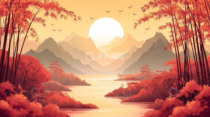 高清大图下载【趣麦麦图】日出秋景山河图
