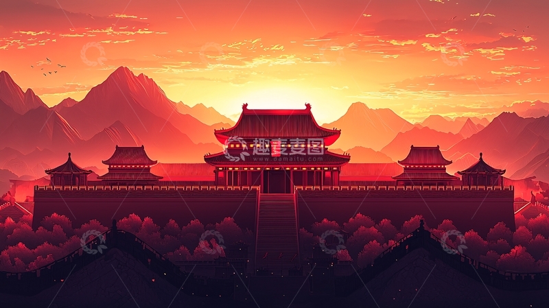 高清大图下载【趣麦麦图】日落时分古建筑剪影