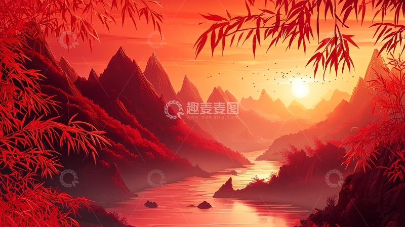 高清大图下载【趣麦麦图】红色山脉日落