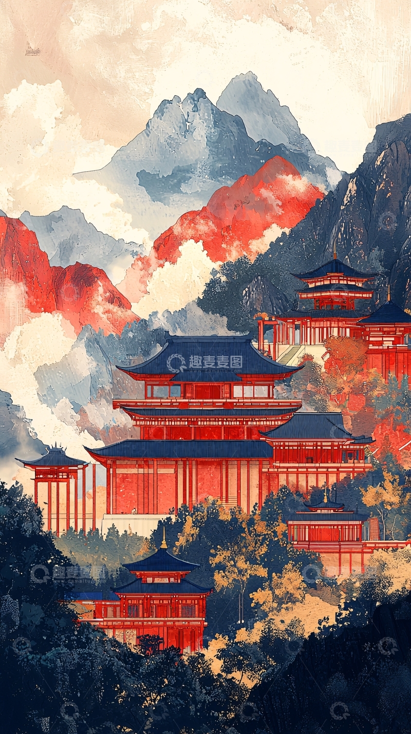 高清大图下载【趣麦麦图】水墨风格山间楼阁