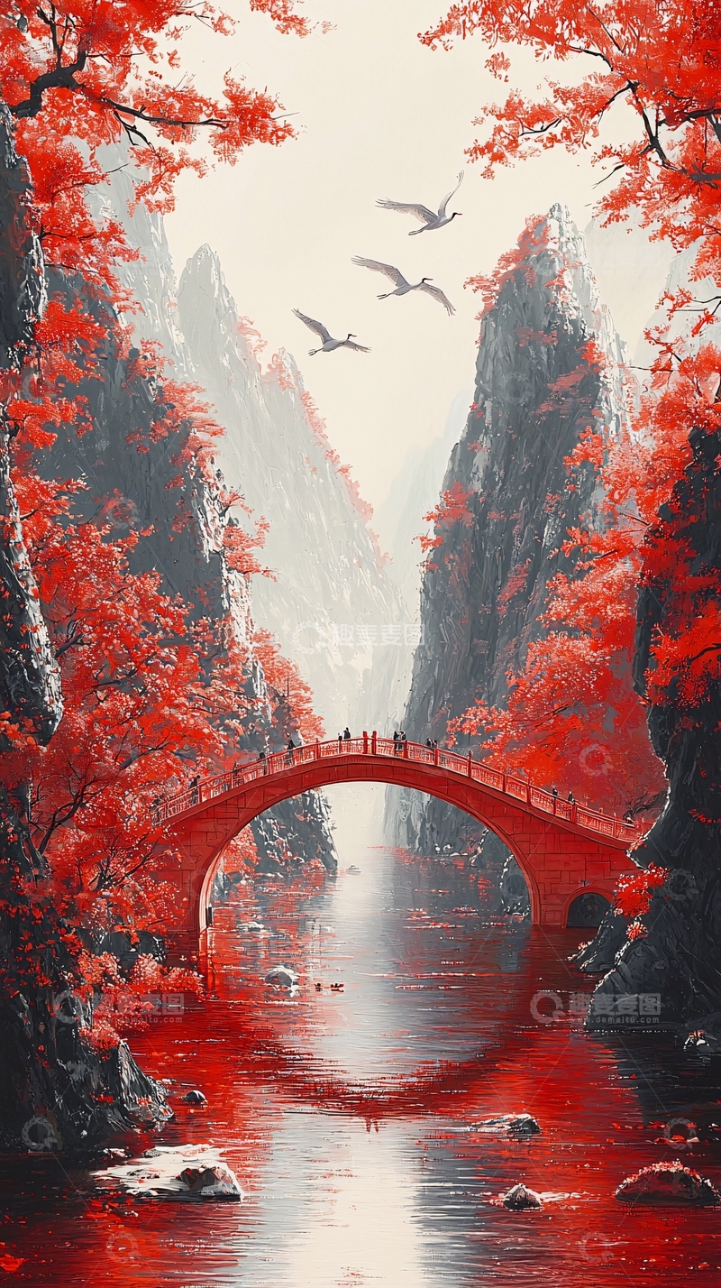 高清大图下载【趣麦麦图】红枫古桥山谷
