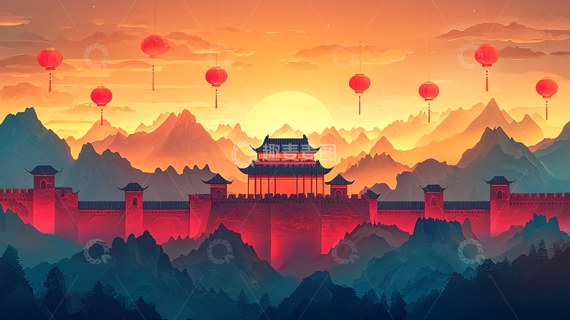 高清大图下载【趣麦麦图】中国风长城日落山水红灯笼