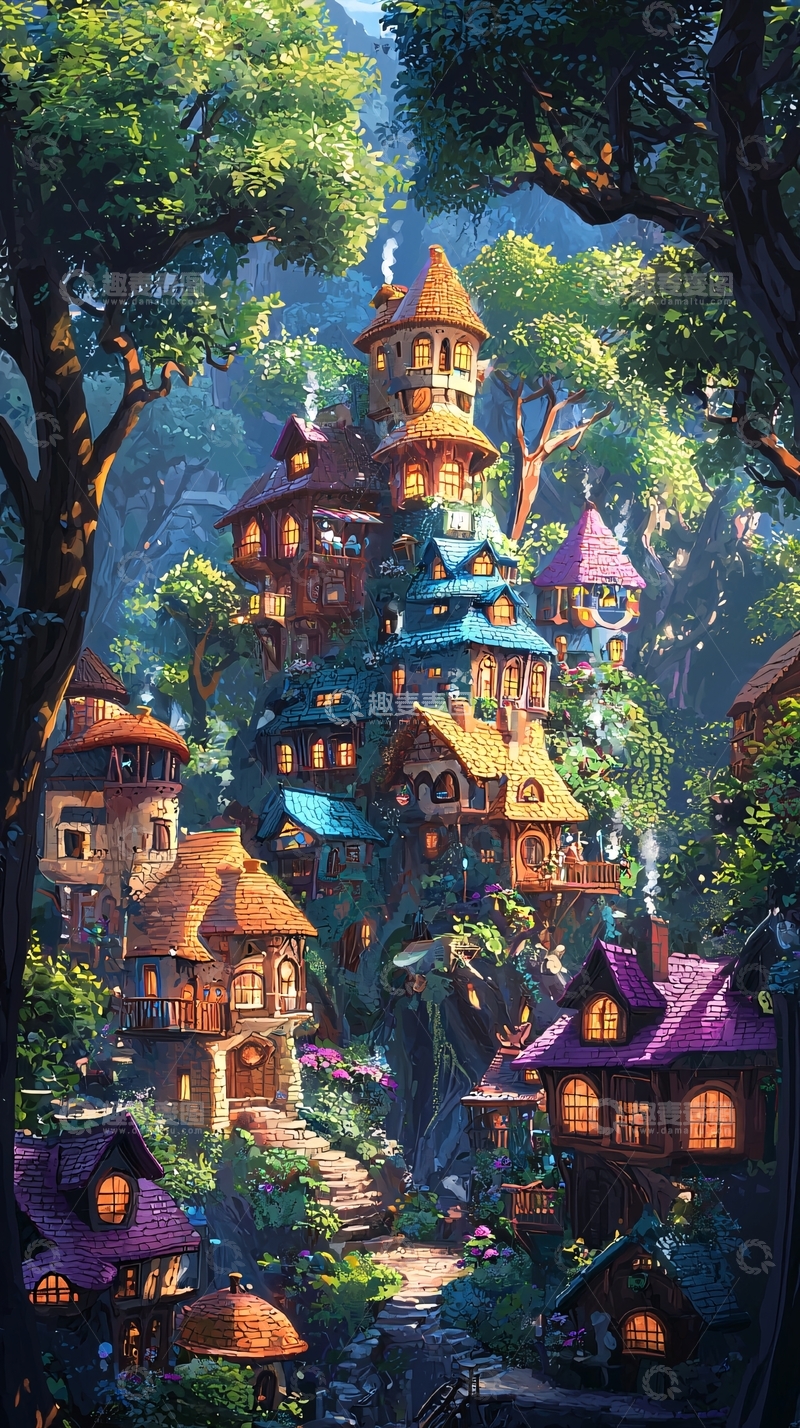 高清大图下载【趣麦麦图】梦幻森林树屋村庄
