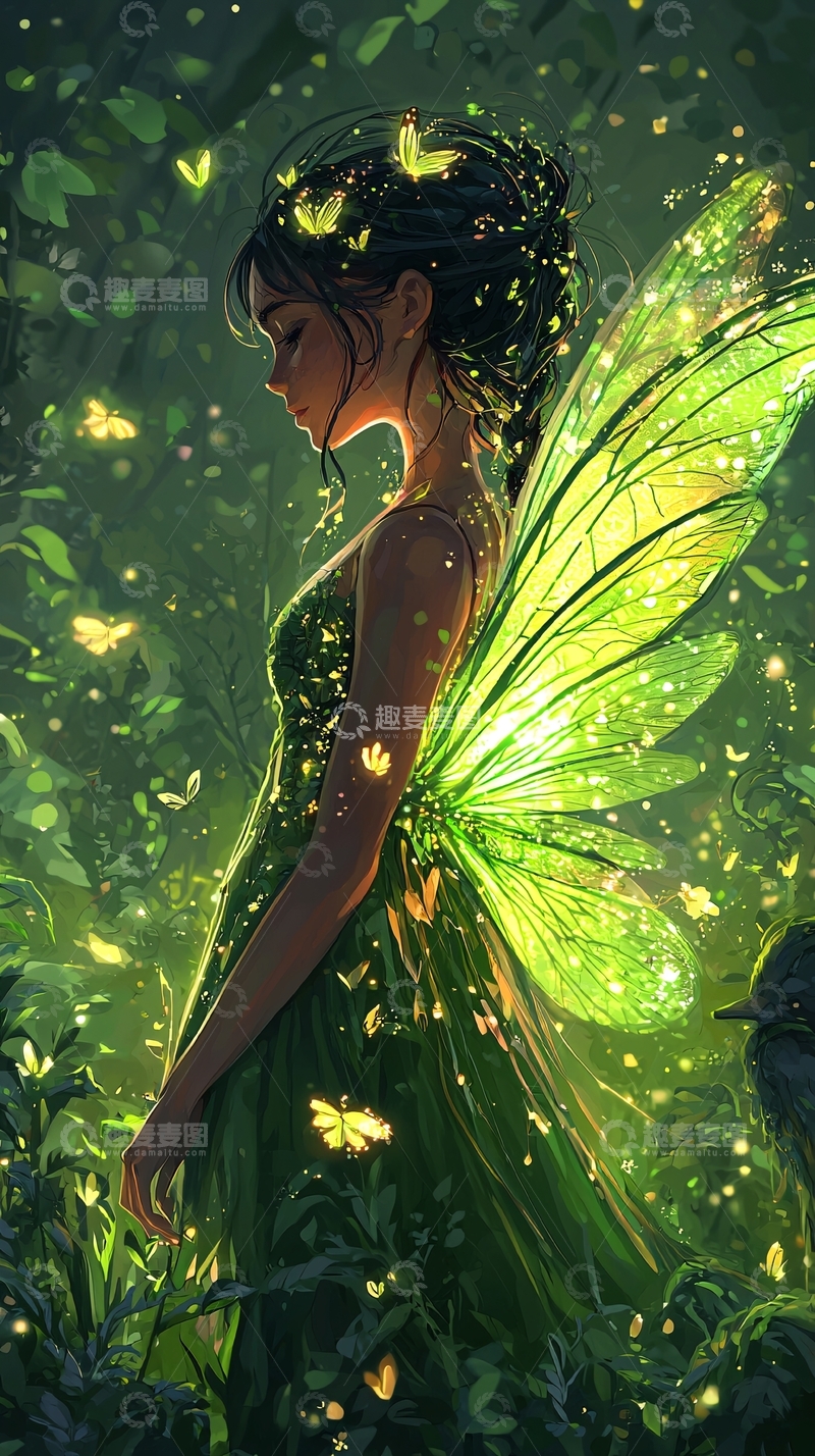 高清大图下载【趣麦麦图】绿衣仙子侧脸蝴蝶飞舞