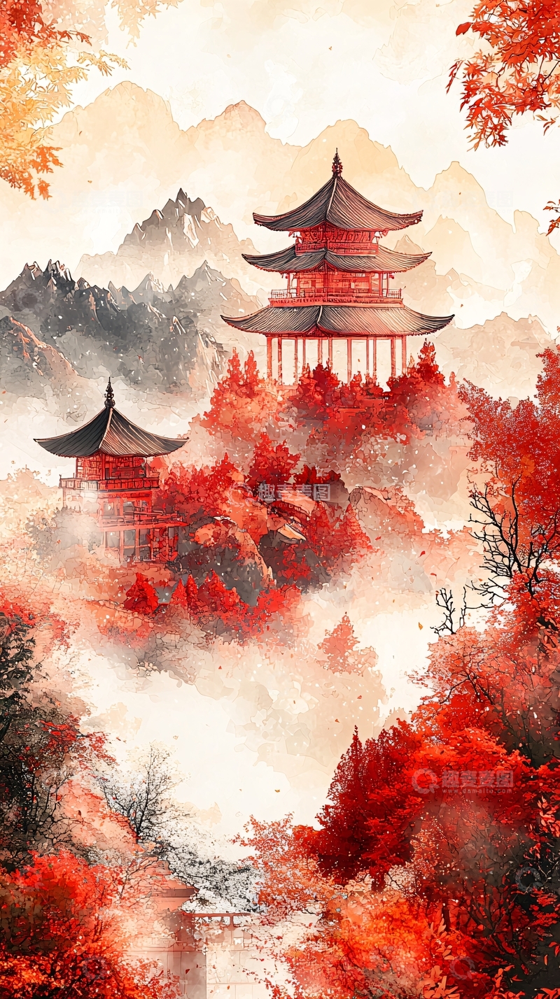 高清大图下载【趣麦麦图】红枫山间古塔水墨画