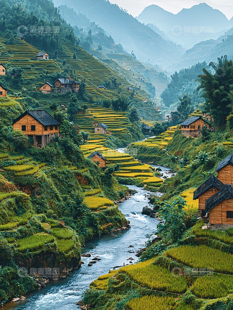 高清大图下载【趣麦麦图】山村梯田河流