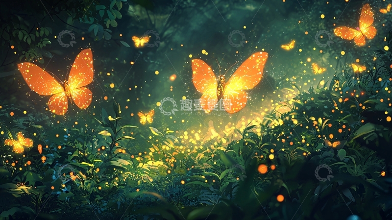 高清大图下载【趣麦麦图】萤火虫与蝴蝶的梦幻森林