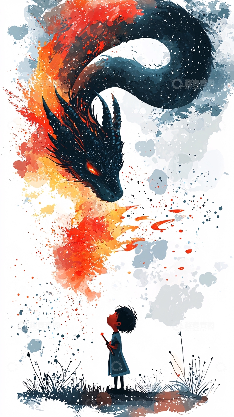 高清大图下载【趣麦麦图】水彩龙与孩子