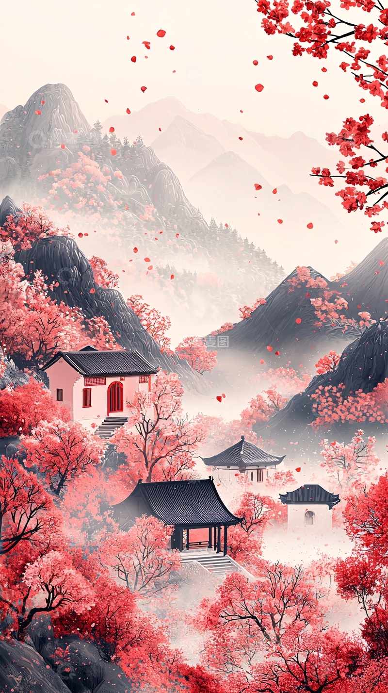 高清大图下载【趣麦麦图】粉红樱花山间小屋