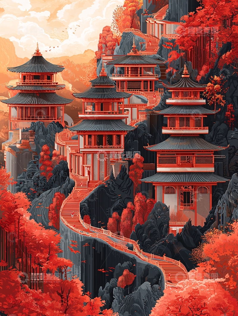 高清大图下载【趣麦麦图】山间红叶寺庙群