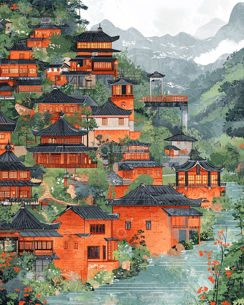 高清大图下载【趣麦麦图】山间红屋古风建筑群