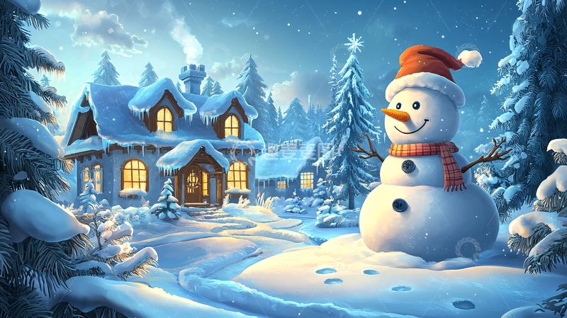 高清大图下载【趣麦麦图】冬夜雪景小屋雪人