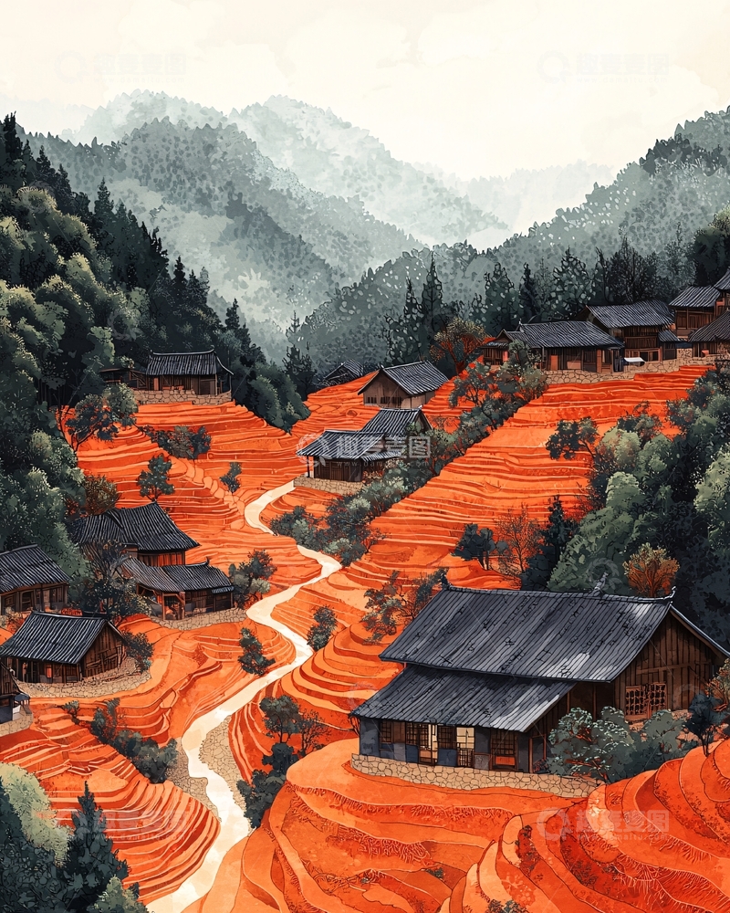 高清大图下载【趣麦麦图】红土地梯田山村