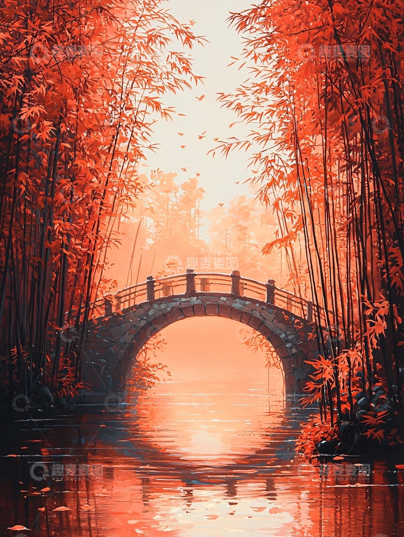 高清大图下载【趣麦麦图】秋日红叶小桥流水