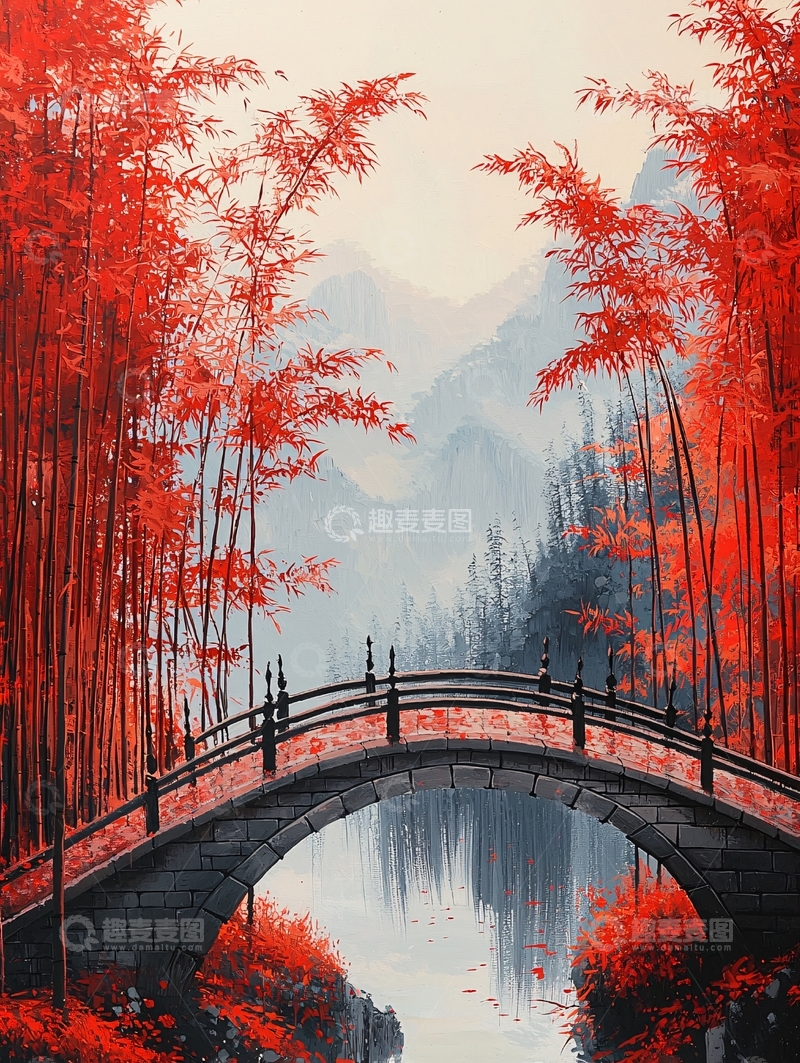 高清大图下载【趣麦麦图】红枫竹林小桥流水
