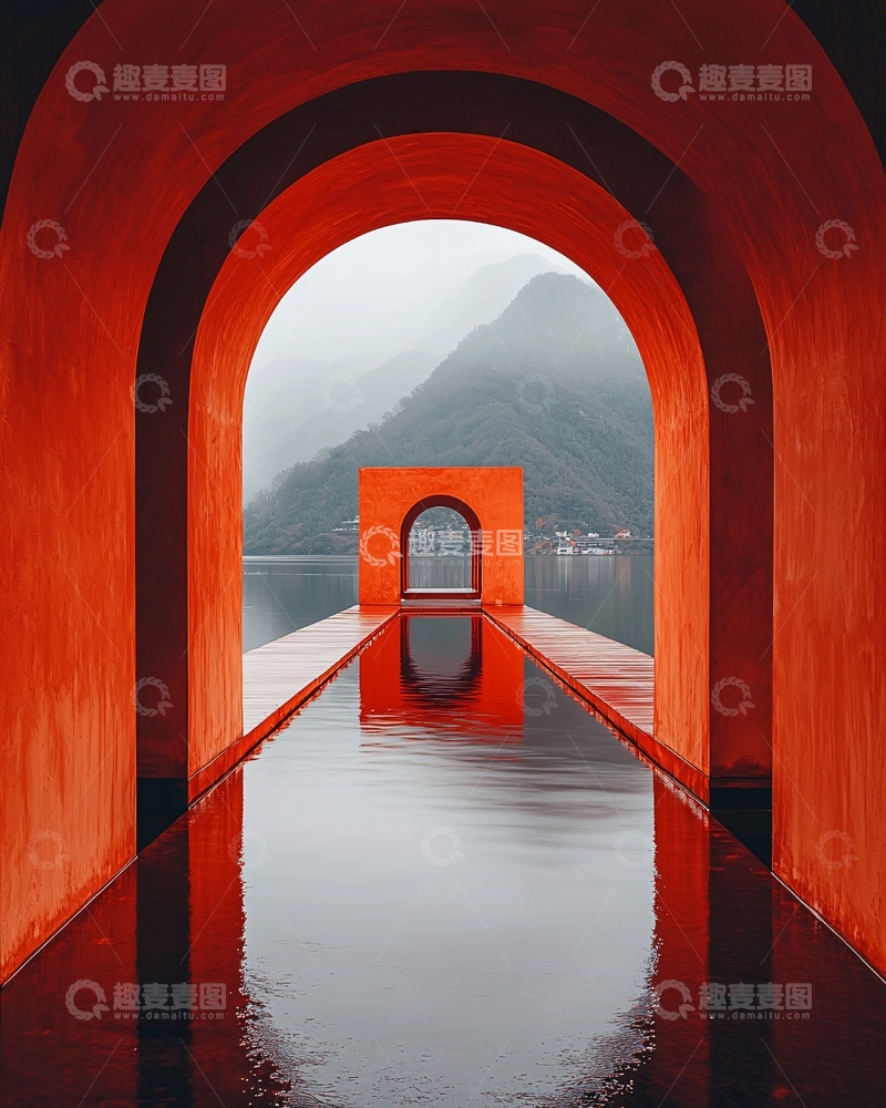 高清大图下载【趣麦麦图】红色拱门倒影湖景