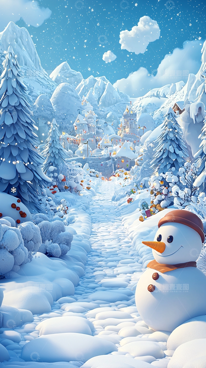 高清大图下载【趣麦麦图】雪地小路上的雪人