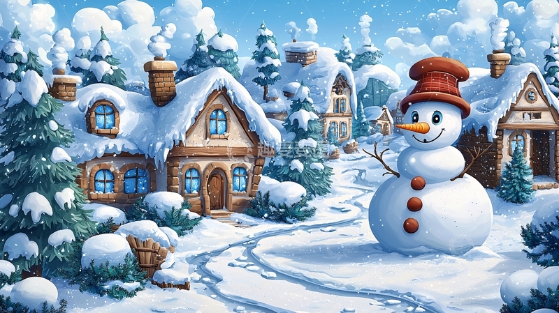 高清大图下载【趣麦麦图】雪景村庄卡通雪人