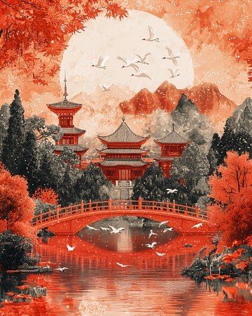 红枫寺庙日落图