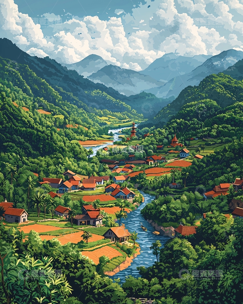 高清大图下载【趣麦麦图】山谷田园风光