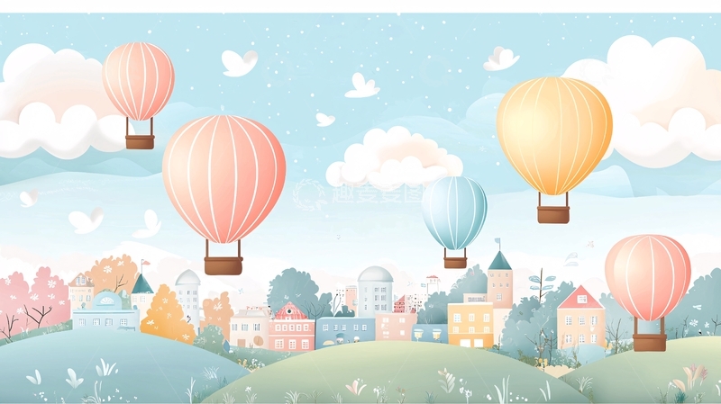 高清大图下载【趣麦麦图】卡通热气球小镇风景