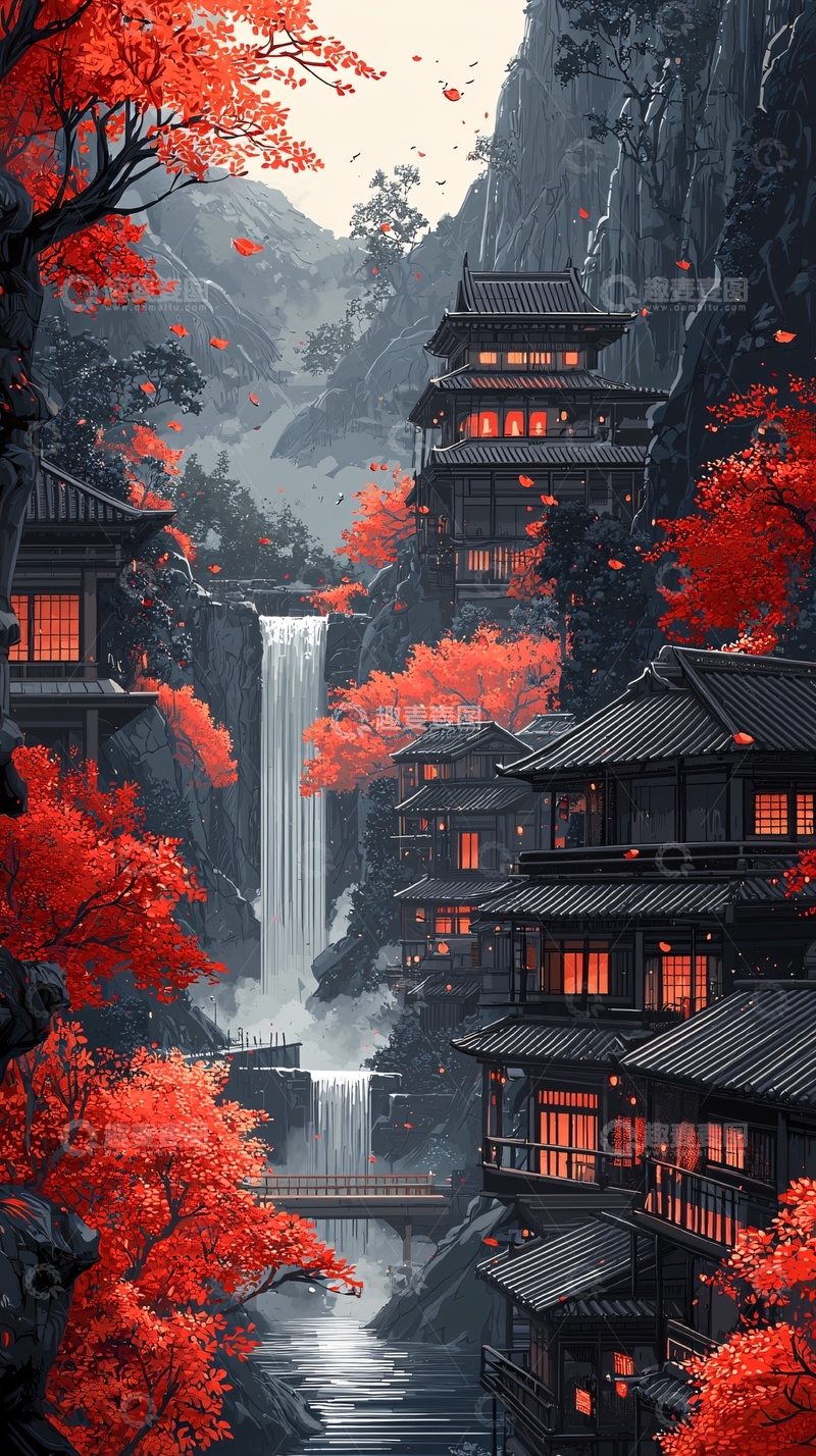 高清大图下载【趣麦麦图】红叶枫树瀑布山间古镇