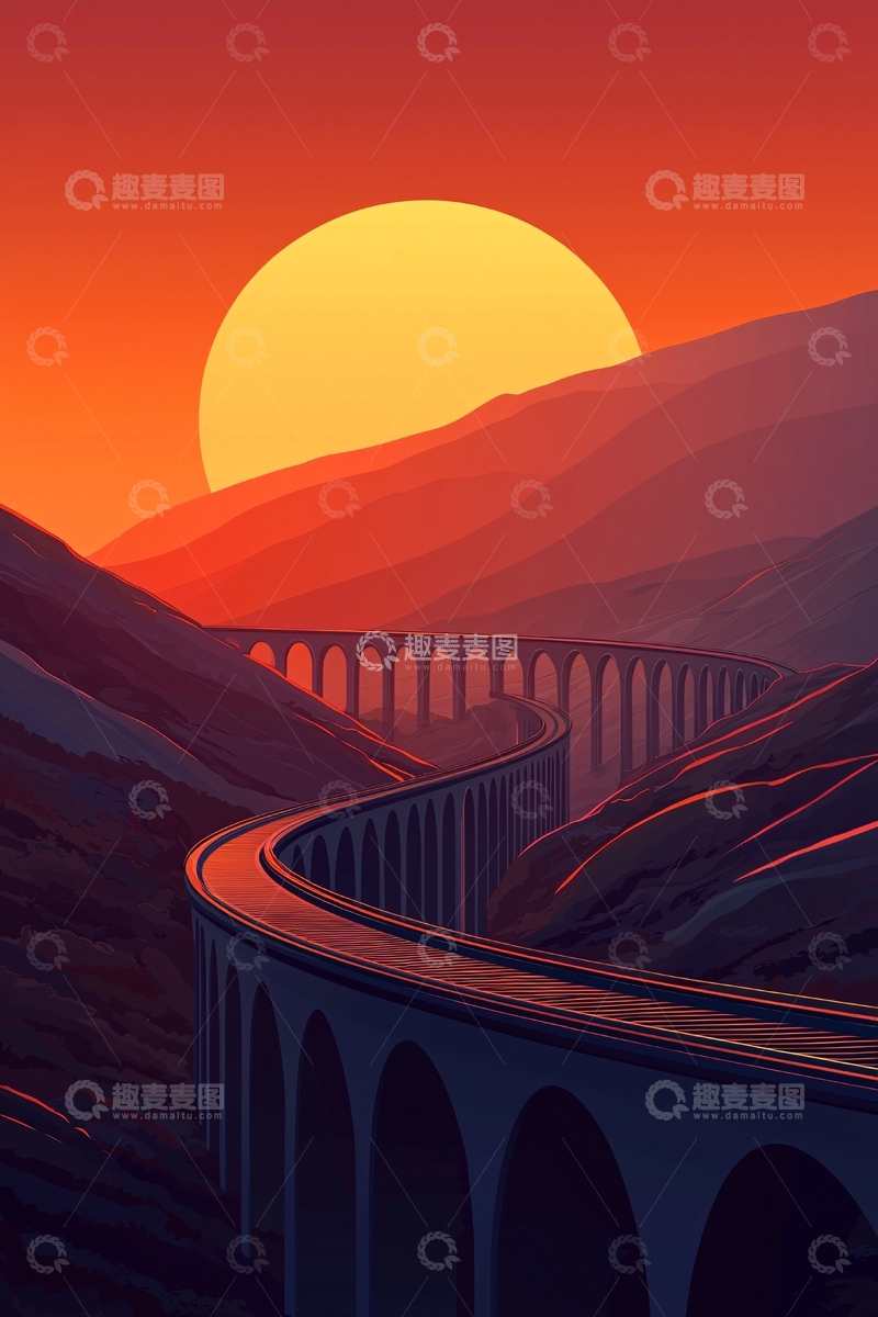 高清大图下载【趣麦麦图】落日余晖下的山谷公路桥