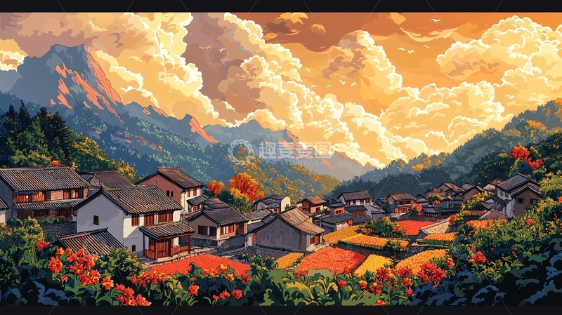 高清大图下载【趣麦麦图】夕阳下的山村景色