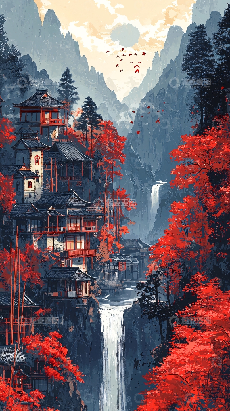 高清大图下载【趣麦麦图】山间古寺红叶秋景
