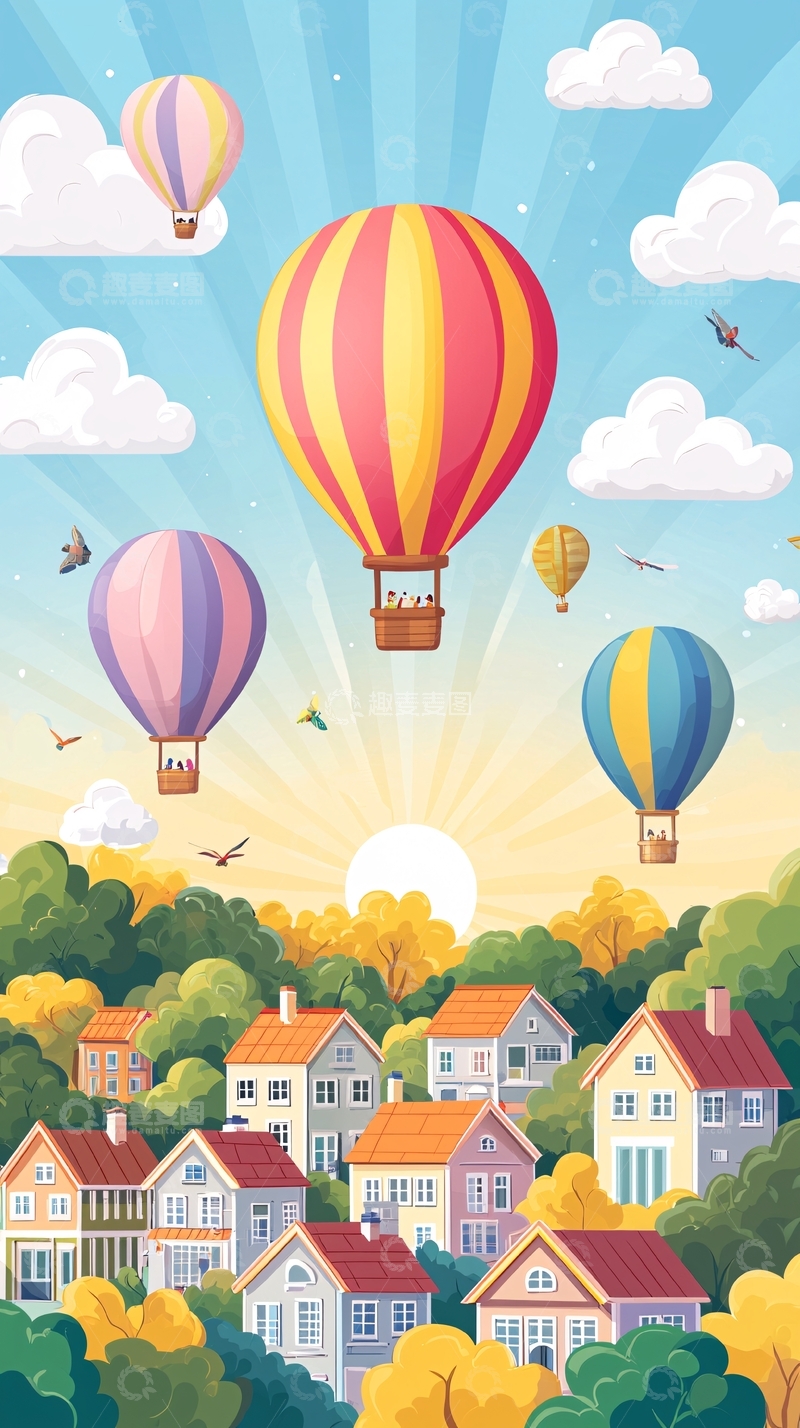 高清大图下载【趣麦麦图】热气球小镇日出风景图