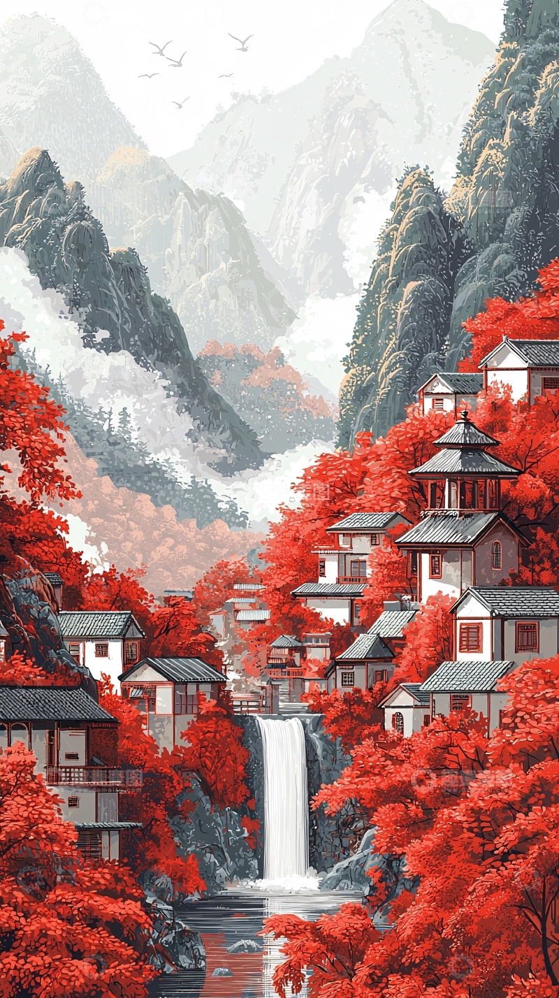 高清大图下载【趣麦麦图】秋日红叶掩映的山间村落