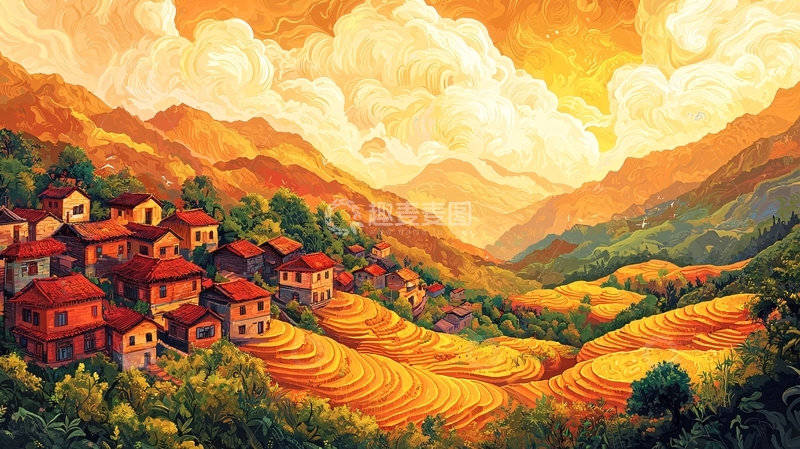 高清大图下载【趣麦麦图】夕阳下的山村梯田