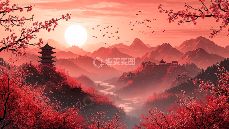 高清大图下载【趣麦麦图】红色山水桃花夕阳下的塔