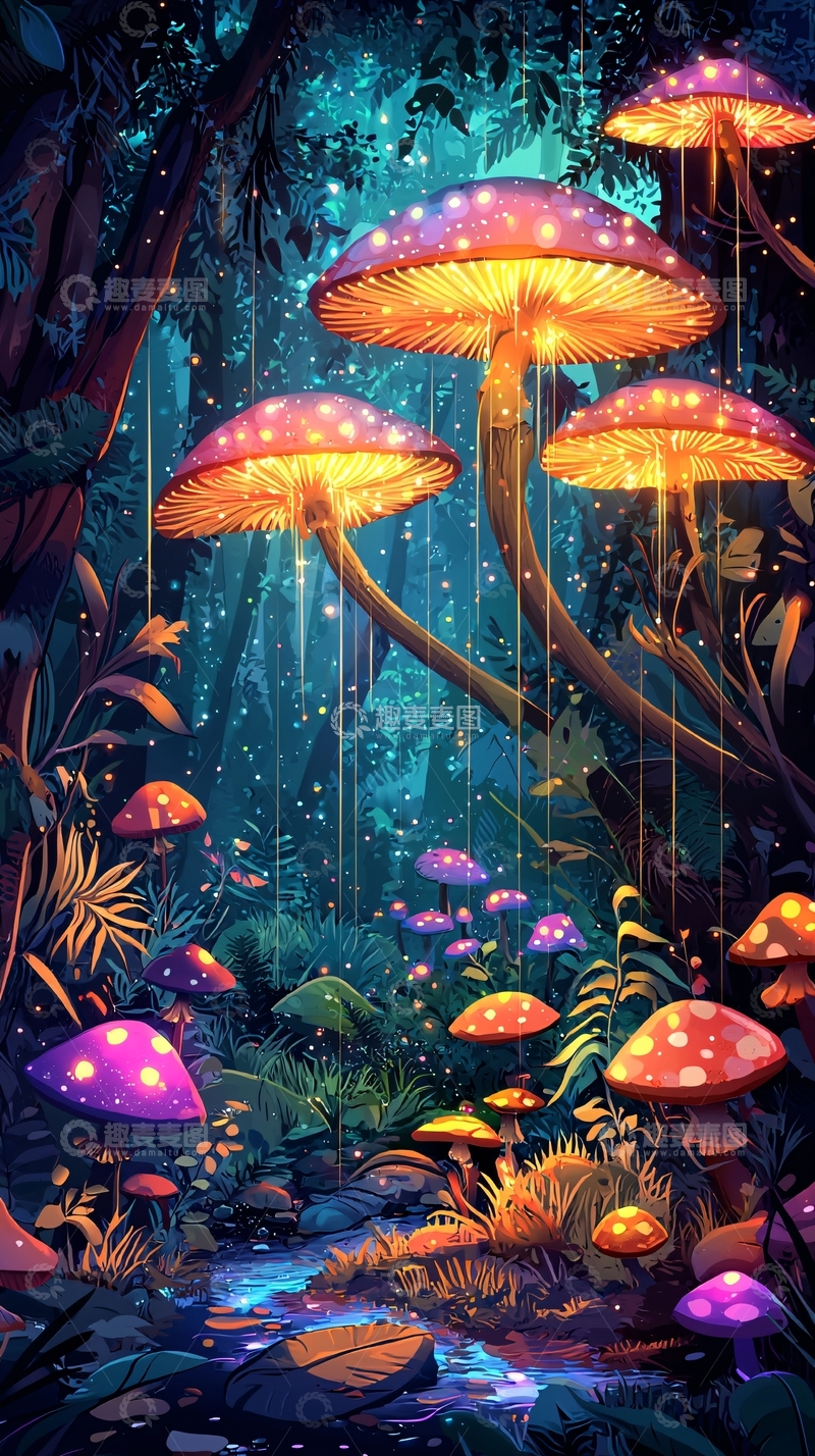 高清大图下载【趣麦麦图】发光蘑菇森林梦幻场景
