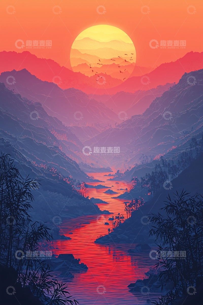 高清大图下载【趣麦麦图】日落山谷河流