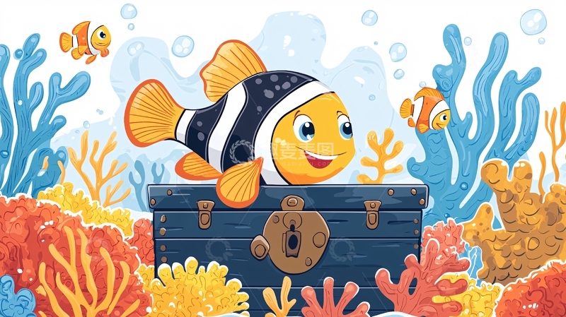 高清大图下载【趣麦麦图】小丑鱼宝箱海底世界