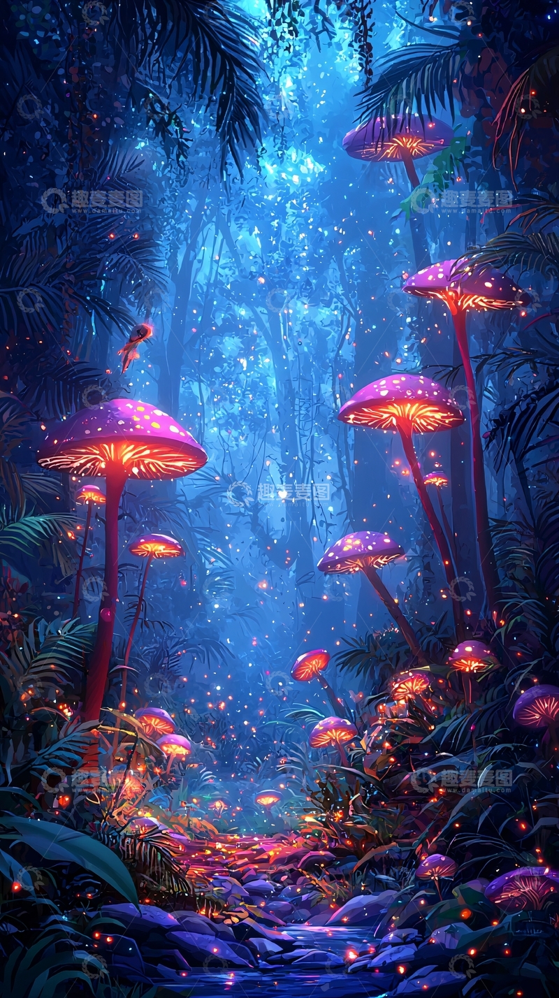高清大图下载【趣麦麦图】梦幻发光蘑菇森林