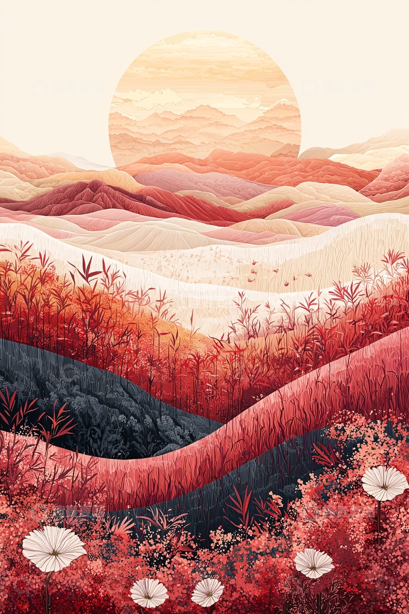 高清大图下载【趣麦麦图】日落山峦水彩画
