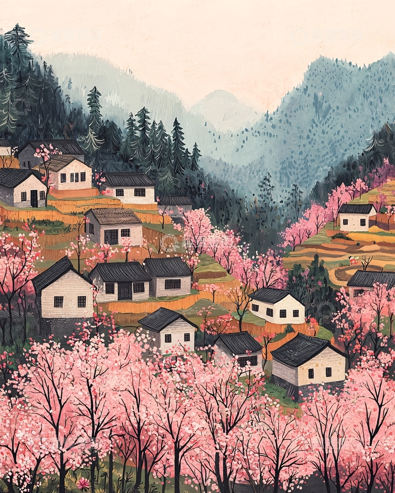 高清大图下载【趣麦麦图】山间村庄粉色樱花