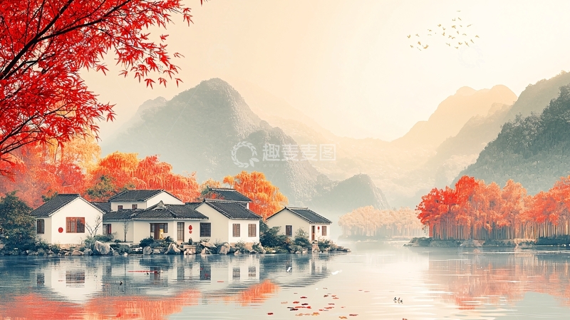 高清大图下载【趣麦麦图】秋日红叶山间村庄