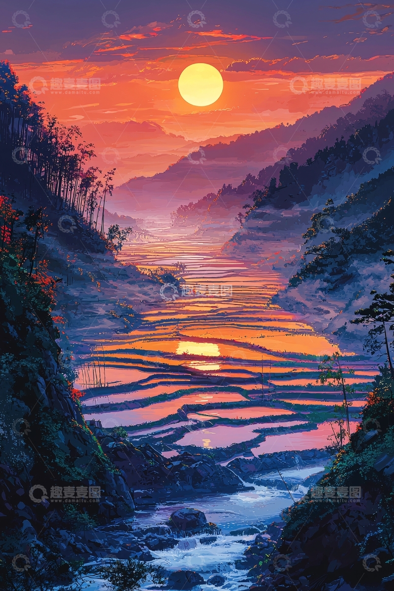 高清大图下载【趣麦麦图】日落余晖下的梯田美景