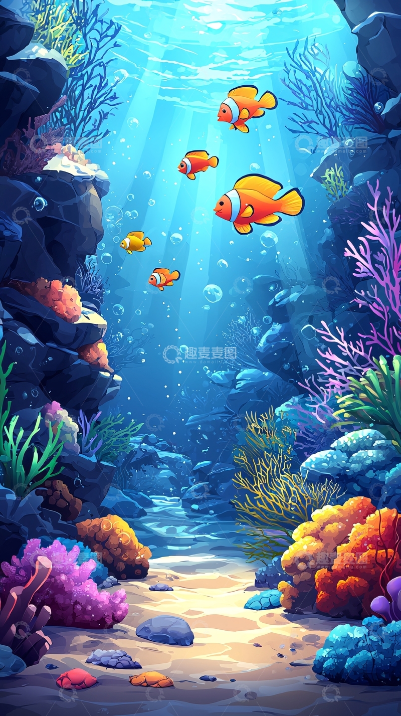 高清大图下载【趣麦麦图】海底珊瑚礁鱼群卡通
