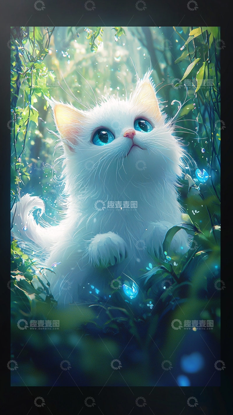 高清大图下载【趣麦麦图】森林里的小白猫